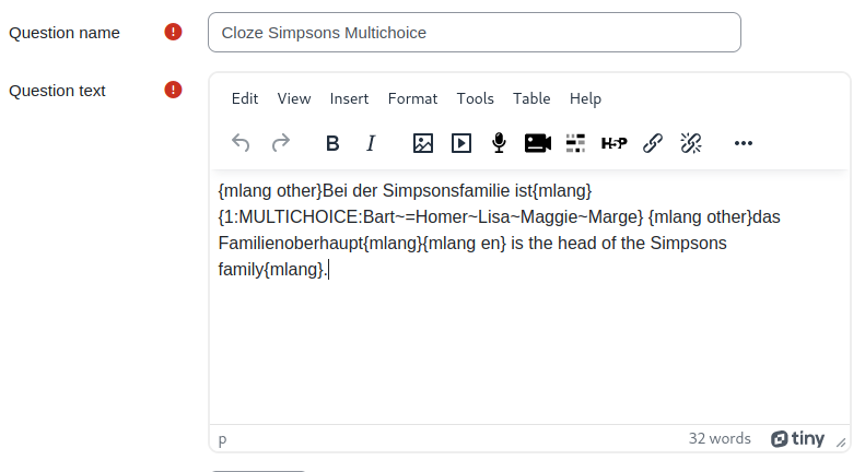 Cloze question editor